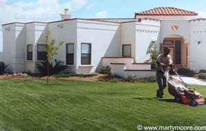 Landscaper mowing lawn